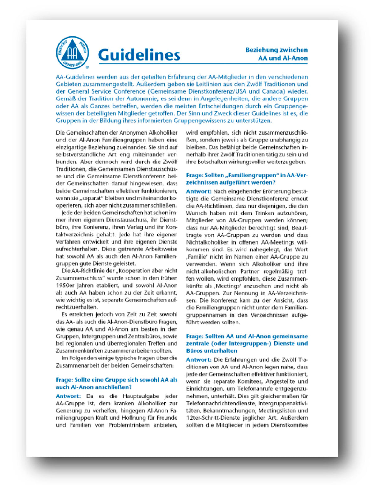 AA Guidelines - Beziehung zwischen AA und Al-Anon